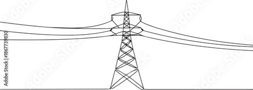 Abstract tower with overhead cables for electrical energy transmission black linear design isolated on white background. one line Art icon drawing