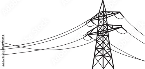 Abstract tower with overhead cables for electrical energy transmission black linear design isolated on white background. one line Art icon drawing