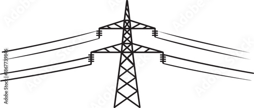 Abstract tower with overhead cables for electrical energy transmission black linear design isolated on white background. one line Art icon drawing