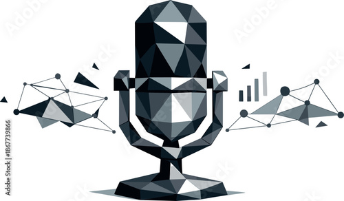 Polygonal Microphone Icon. Low-poly vector illustration of a modern microphone icon symbolizing public speaking, streaming, and