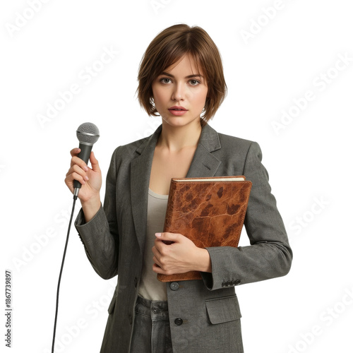 Young Woman in Business Suit Holding Microphone and Notebook in Studio Settin...