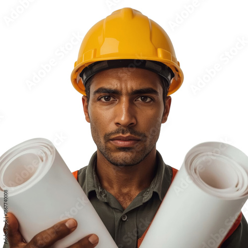 Construction Worker Holding Rolled Plans at a Work Site During the Day