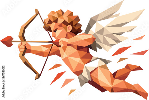 Polygonal Cupid Illustration. Low-poly vector illustration of a flying Cupid aiming a bow as a symbol of love and destiny,