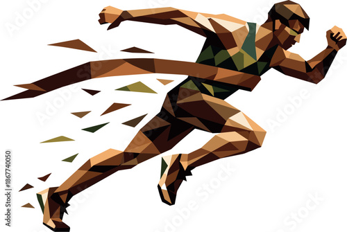 Geometric Sprint Finish. Low-poly vector illustration of a sprinting athlete crossing the finish line, polygonal geometric style,