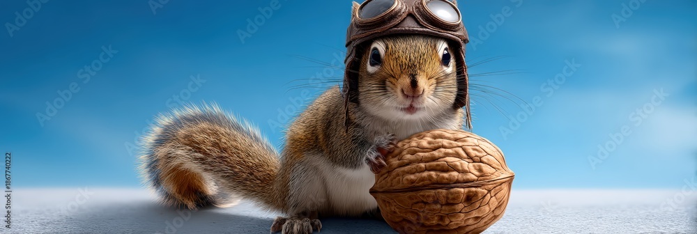 Obraz premium Squirrel Pilot Wearing Aviator Goggles Holding a Large Walnut