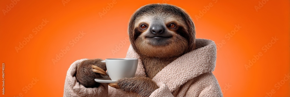 Obraz premium Cute Sloth in a Cozy Bathrobe Drinking Morning Coffee