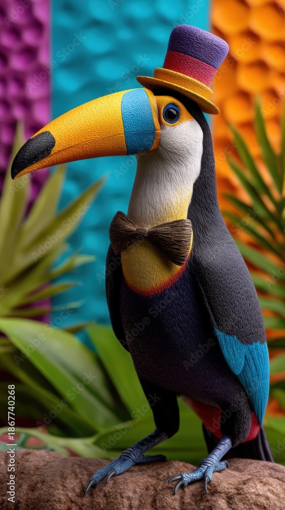 Fototapeta premium Dapper Stylized Toucan Wearing a Top Hat and Bow Tie