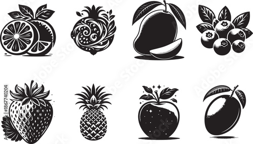 Vibrant black and white fruit icons for design and branding