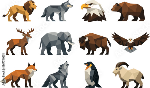Low-Poly Wildlife Icons. A classic low-poly wildlife vector icon set featuring wild animals such as lion, wolf, and eagle in a