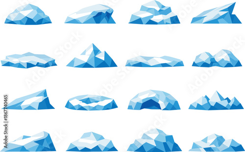 Low-Poly Snowdrift Icons. Stylized low-poly snowdrift icons designed with sharp angular polygons and faceted snowbank shapes for a