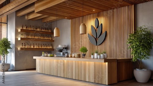 Modern Minimalist Cafe Interior with Wooden Slat Wall and Logo