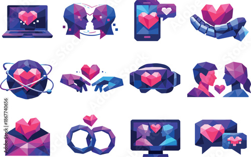 Cyber Love Icons. Geometric low-poly vector artwork expressing cyber love through virtual affection and digital intimacy using