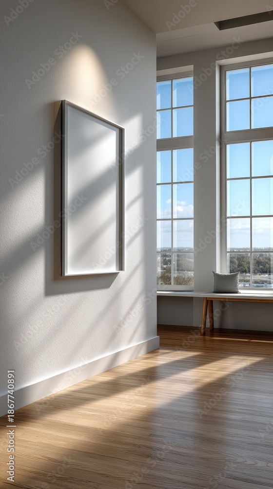 Fototapeta premium Vertical Blank Poster Frame Mockup in Modern Sunlit Room