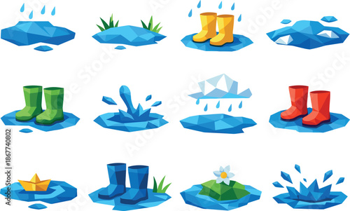 Rainy Season Icons. Low-poly vector icon set of puddles and rubber boots capturing rainy spring scenes in sharp geometric
