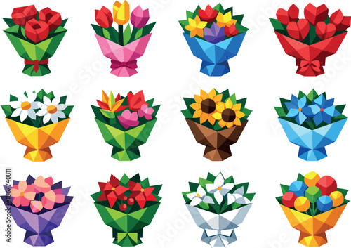Low-Poly Floral Icons. Geometric low-poly vector icons depicting a festive flower bouquet built from angular polygonal facets with