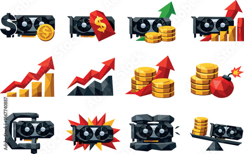 Geometric GPU Icons. Geometric low-poly vector icons visualizing higher graphics card prices, cost growth, and GPU market pressure