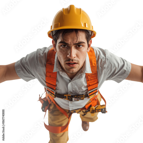 Worker in Safety Gear Balances on Construction Site During Daylight in Urban ...