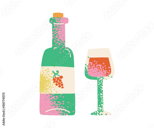 Creative minimal textured design. Bottle of wine and glasse isolated on white background. Cheers. Concept of drink, party, celebration, alcohol. Hand drawn illustration.