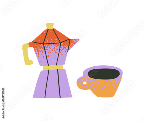 Illustration with geyser coffee maker, small coffee cup with texture. Trendy bold texture, apparel print design, cafe wall decoration poster