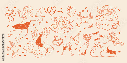 Vintage whimsical cupids and love elements. Retro Valentines day elements. Sketch elegant coquette heart, angel, Heart, bird, cherry. Doodle wedding vector set.