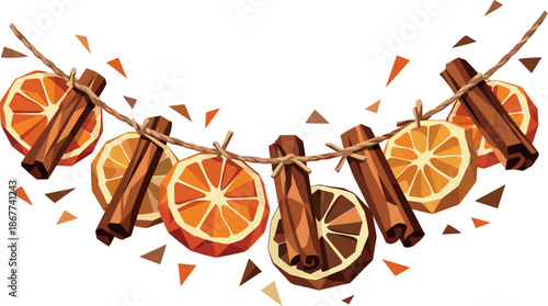 Citrus Cinnamon Garland. Low-poly vector illustration focused on a natural biodegradable holiday garland of dried citrus slices