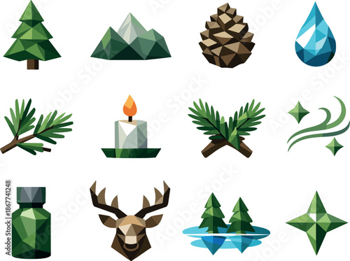 Low-Poly Forest Icons. Evergreen pine scent and forest freshness represented through a professional low-poly vector icon set using