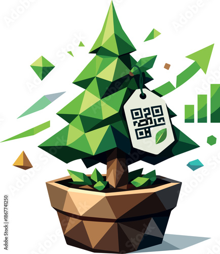 Sustainable Geometric Holiday Tree. Low-poly vector illustration focused on a sustainable holiday tree in a planter with a