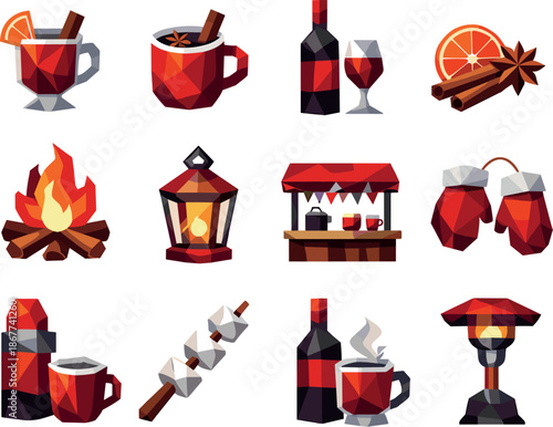 Winter Warmth Icons. ow-poly vector icon set for outdoor mulled wine and winter street warmth, featuring angular polygonal
