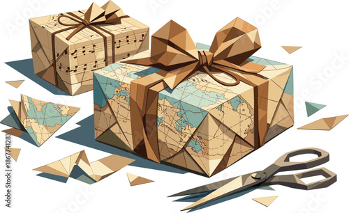 Vintage Map Gift Art. Low-poly vector illustration focused on gift wrapping made from vintage geographic maps or sheet music pages