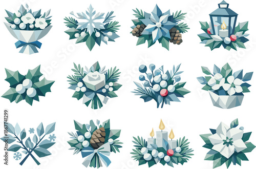 Winter Floral Icons. Low-poly vector icon set for winter bouquet and seasonal floral arrangement, featuring angular polygonal