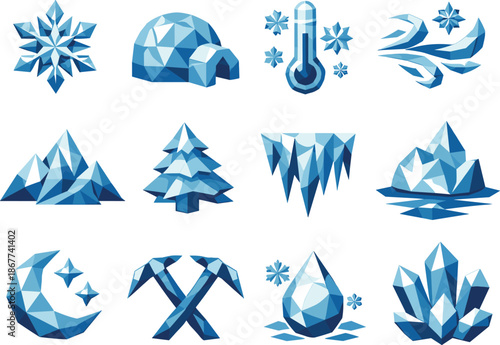 Winter Chill Icon Set. Epiphany frost and severe winter chill illustrated as a cohesive low-poly vector icon set built from