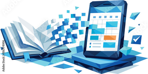 Digital Diary Art. Low-poly vector illustration focused on a modern digital diary application, polygonal geometric style with