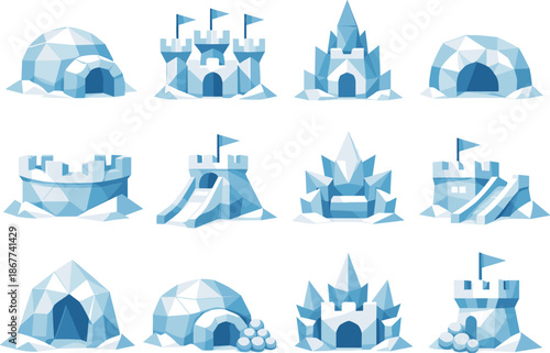 Snow Fortress Icons. Low-poly polygonal vector icon set focused on snow fortresses, winter snow constructions, icy forts, and