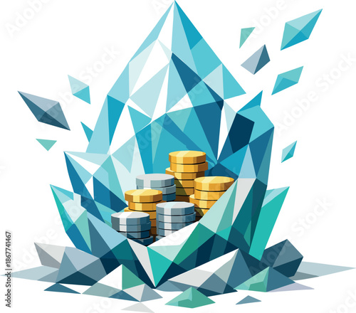 Savings Crystal Geometry. Low-poly vector illustration focused on a savings crystal concept, polygonal geometric style with sharp