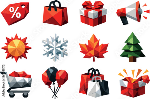 Seasonal Sales Icon Set. Season-based sales campaign and retail discount period illustrated as a low-poly vector icon set with