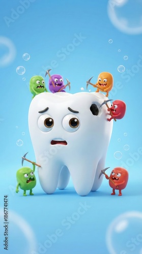 Funny 3D illustration of white molar tooth being destroyed by little germ monsters with pickaxes. Dental cavity and caries concept.