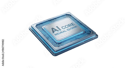 Futuristic AI Processor Chip with Clean Modern Design, Isolated on Transparent Background No Shadow