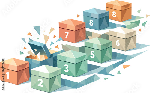 Geometric Education Journey. Low-poly vector illustration focused on an educational advent course released step by step, polygonal