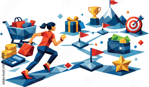 Geometric Shopping Challenge. Low-poly vector illustration focused on a shopping challenge system with goals and checkpoints,