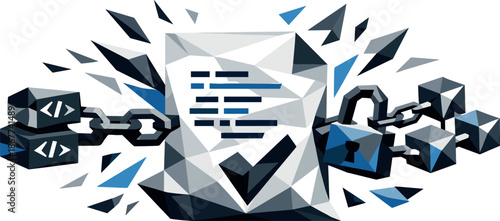 Smart Contract Geometry. Low-poly vector illustration focused on a smart contract as a core element of blockchain technology,