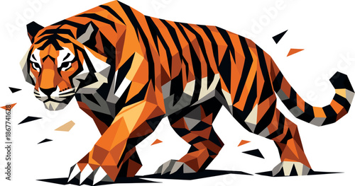 Geometric Tiger Illustration. Low-poly vector illustration focused on a stylized tiger in geometric low-poly form, angular
