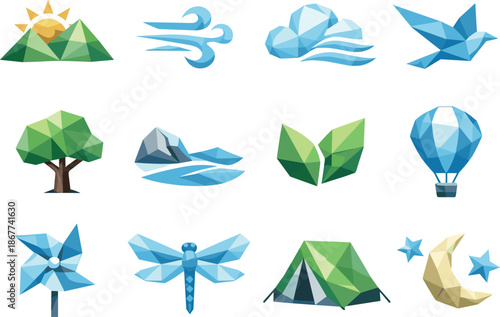 Nature Icon Set. Outdoor fresh air and nature breeze illustrated as a cohesive low-poly vector icon set built from angular