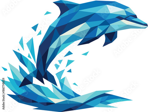 Geometric Dolphin Leap. Low-poly vector illustration focused on a dolphin, polygonal geometric style with sharp triangular edges,