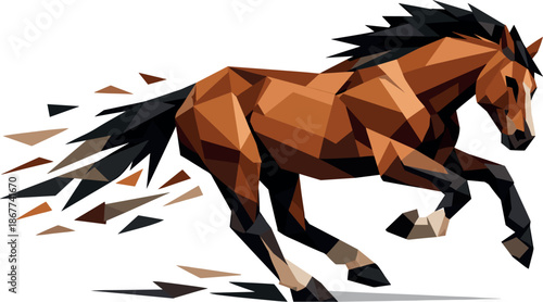 Galloping Horse Vector. Low-poly vector illustration focused on a horse running in a gallop, faceted polygonal geometry with sharp