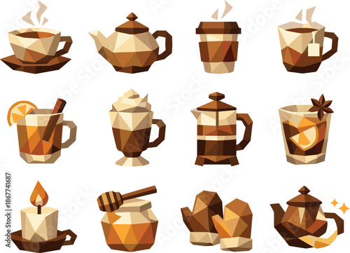 Warm Tea Icons. Low-poly vector icon set for warm tea and cozy beverage concept, featuring angular polygonal geometry, sharp