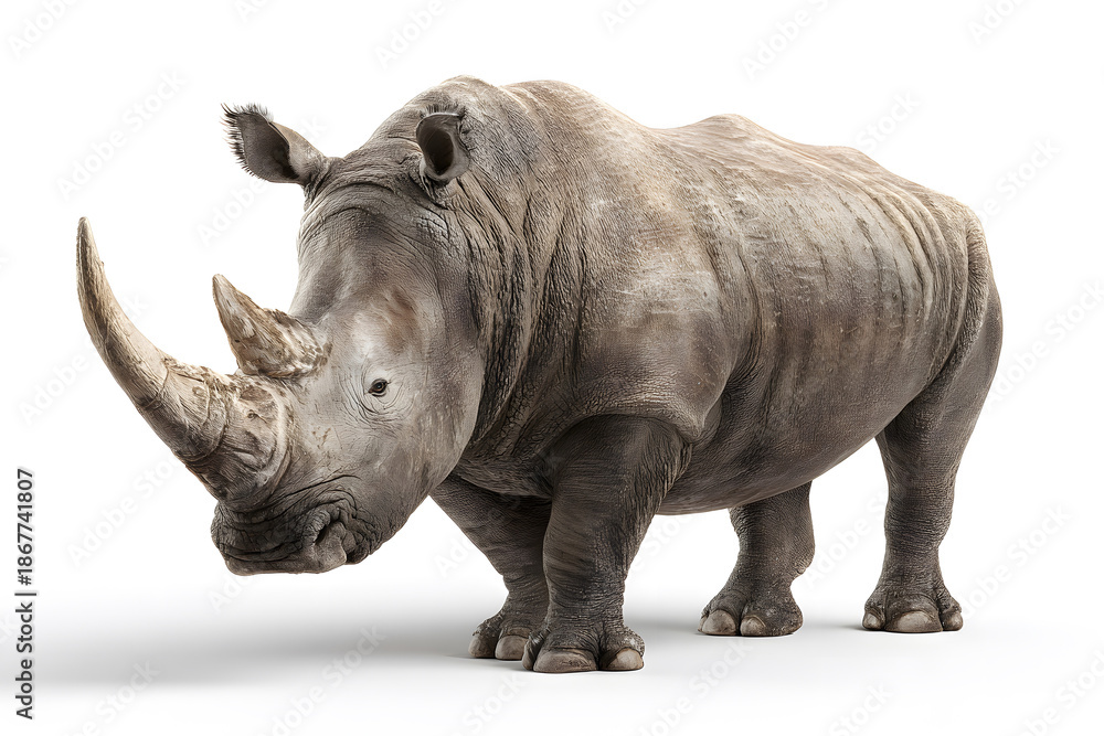 Obraz premium Rhino stands in a studio setting showcasing its large body and horn during daytime