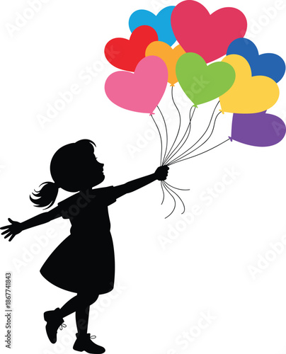 Girl silhouette holding heart balloons, childhood joy love happiness imagination colorful celebration illustration concept