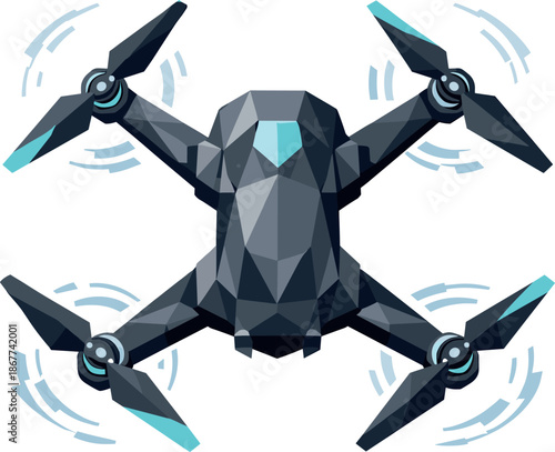 Geometric Drone Design. Low-poly vector illustration focused on a modern quadcopter drone viewed from above, polygonal geometric