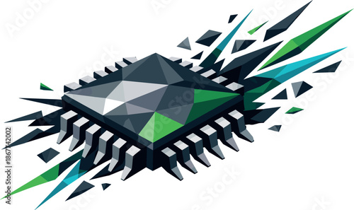 Futuristic Microchip Design. Low-poly vector illustration focused on a microchip processor, polygonal geometric style with sharp