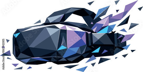 Futuristic VR Design. Low-poly vector illustration focused on a futuristic VR headset concept, polygonal geometric style with
